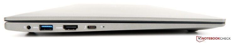Lado izquierdo: Toma de corriente, un puerto USB 2.0, salida HDMI, un puerto USB 3.1 Gen1 Tipo-C (DisplayPort sobre USB-C)