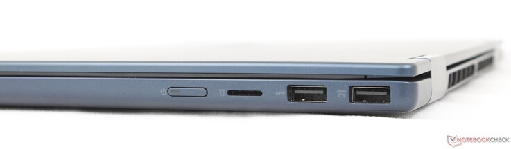 Derecha: Botón de encendido, lector MicroSD, 2x USB-A (5 Gbps)