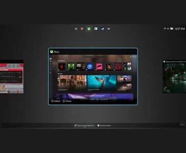 Vista multitarea de la Experiencia de pantalla completa (FSE) de Windows 11 mostrando varios juegos en ejecución y el conmutador de aplicaciones Xbox, como se demostró en las pruebas de ETA Prime (Fuente de la imagen: YouTube/ETA Prime)