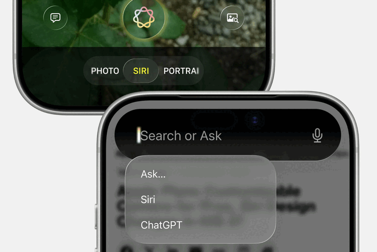 La integración prevista de Siri en la aplicación Cámara y la nueva interfaz Buscar o Preguntar para Siri.