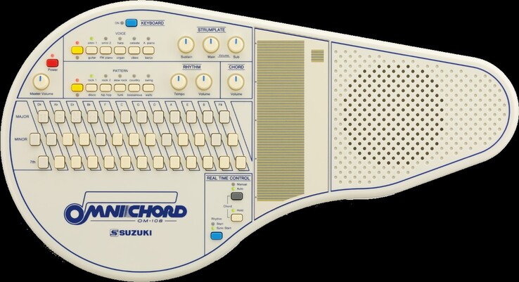 El Omnichord se toca deslizando un dedo por el diapasón vertical mientras se pulsan los botones de acordes. (Fuente: Suzuki)