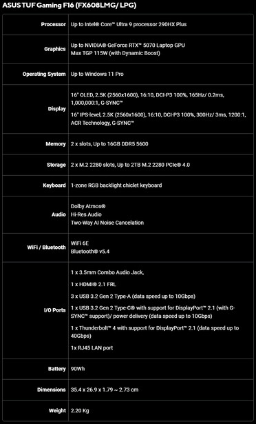 Especificaciones del Asus TUF Gaming F16 (FX608LMG/ LPG)