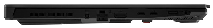 Lado izquierdo: Fuente de alimentación, Gigabit Ethernet, HDMI, Thunderbolt 4 (USB-C; DisplayPort), USB 3.2 Gen 2 (USB-C; Power Delivery, DisplayPort, G-Sync), USB 3.2 Gen 1 (USB-A), audio