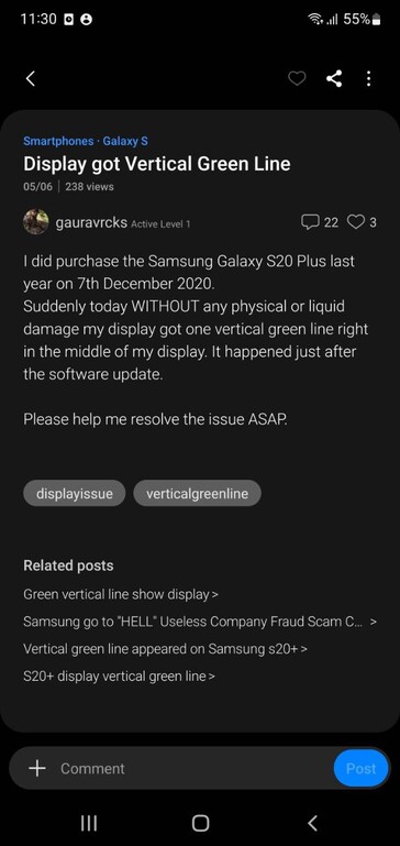 Los usuarios se quejan de los problemas de visualización de Galaxy S20 Plus en Samsung Members (imagen vía propia)