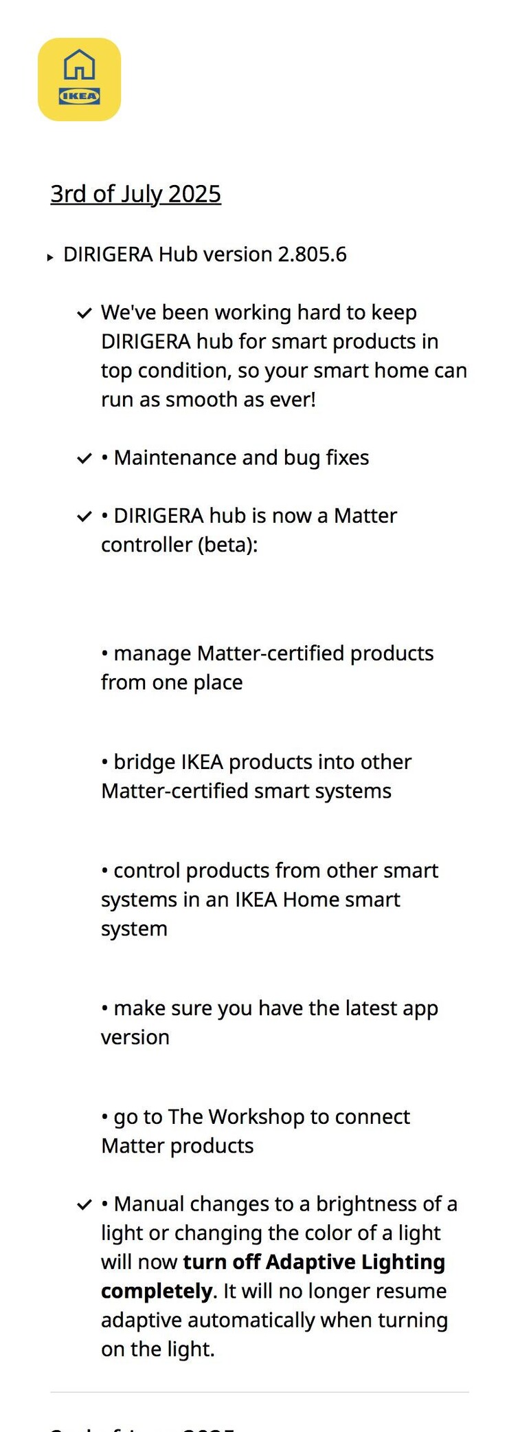 Las notas de la versión 2.805.6 del software IKEA Dirigera Hub. (Fuente de la imagen: IKEA vía Reddit)