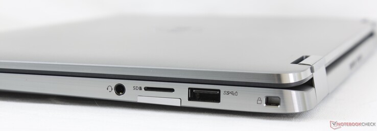 Derecha: audio combo de 3.5 mm, lector MicroSD, ranura Micro-SIM (WWAN opcional), USB-A 3.2 Gen. 1, Noble Lock