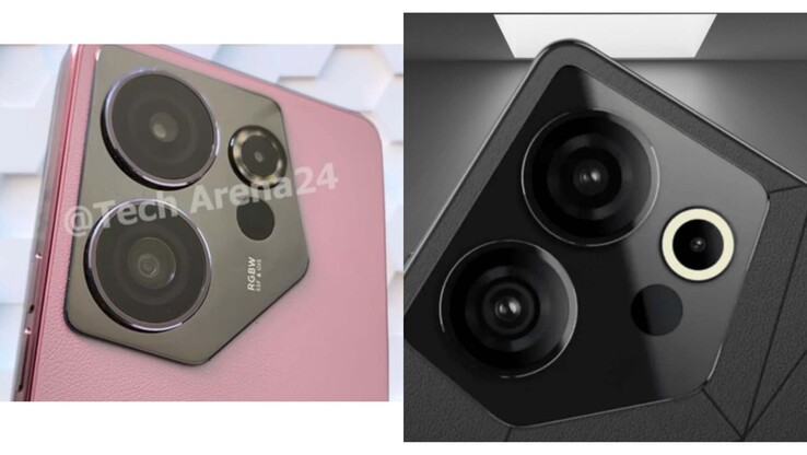 La supuesta imagen real del Camon 20 Premier 5G (izquierda), con un render de su supuesta versión en negro a la derecha. (Fuente: TheCluesTech)