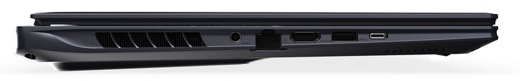 Lado izquierdo: conexión de alimentación, Gigabit Ethernet, HDMI, USB 3.2 Gen 2 (USB-A), Thunderbolt 4 (USB-C; Power Delivery, DisplayPort)