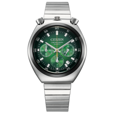 Vista frontal del Citizen Tsuno Chronograph AN3714-76W, que presenta una esfera con degradado verde.