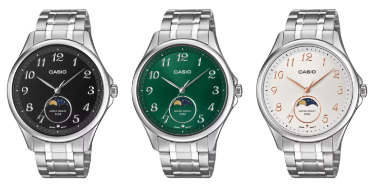 De izquierda a derecha: los relojes Casio MTP-M110D-1AV, MTP-M110D-3AV y MTP-M110D-7AV. (Fuente de la imagen: Casio, editado)