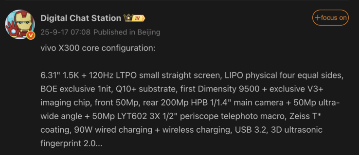 Especificaciones filtradas del Vivo X300. (Fuente de la imagen: Weibo - machine translated)