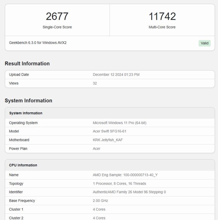 El próximo Ryzen AI 7 350 de 8 núcleos de AMD hizo su debut en Geekbench con puntuaciones decentes. (Fuente de la imagen: Geekbench)