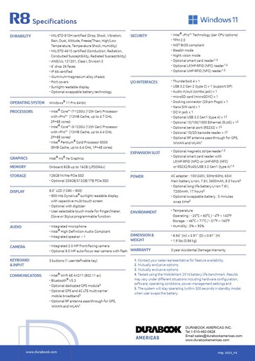 Especificaciones del Durabook R8 (Fuente: Durabook)