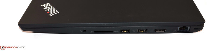Lado derecho: conector combinado de auriculares / micrófono, lector de tarjetas SD, dos puertos USB tipo A. Salida HDMI, Ethernet RJ45