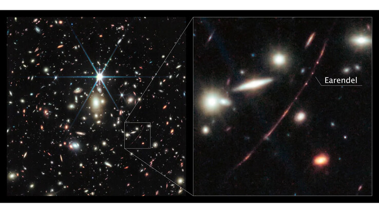 Un cúmulo galáctico en la imagen de la izquierda aumenta la luz de lo que se percibió como la estrella más lejana del Universo en la imagen de la derecha. (Fuente de la imagen: NASA, ESA, CSA, D. Coe, B. Welch)