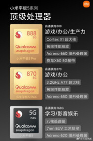 Supuestas opciones de procesador de la Xiaomi Mi Pad 5. (Fuente de la imagen: Weibo)