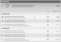 Opciones de nivel de garantía en el configurador