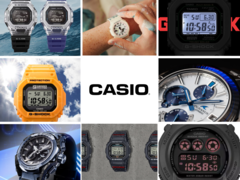 En mayo se añadieron multitud de relojes a la tienda en línea de Casio. En la imagen - 9 modelos diferentes lanzados este mes en una sola imagen, con el logotipo de Casio en el centro. (Fuente de la imagen: Casio - Editado)