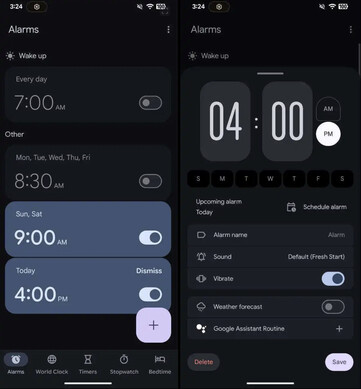 La rumoreada actualización Material 3 Expressive de Google para su aplicación Reloj. (Fuente de la imagen: Mystic Leaks vía 9to5Google)