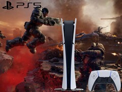 Ilustración de Gears of War: E-Day con el logotipo de PS5 y la consola.