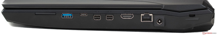 Lado derecho: lector de tarjetas, USB 3.1 Gen 1, USB 3.1 Gen 2 Type-C, 2x Mini DisplayPort, HDMI 2.0, Ethernet, alimentación, bloqueo Kensington