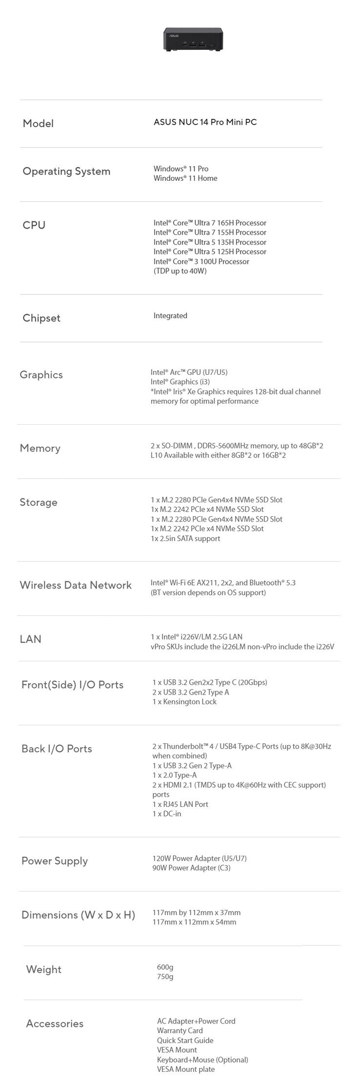 Hoja de especificaciones de NUC 14 Pro+ (Fuente de la imagen: Asus)