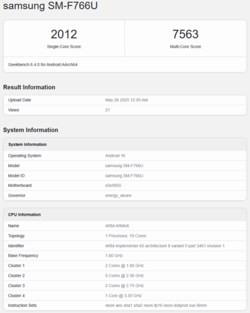 Listado de Geekbench del Exynos 2500 con Galaxy Z Flip 7 (fuente de la imagen: Geekbench)