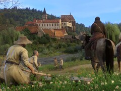 Una imagen que muestra un castillo y personajes en Kingdom Come: Deliverance.