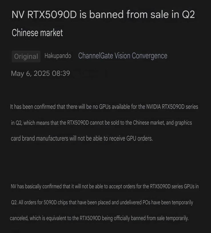 Nvidia ha detenido supuestamente las ventas de RTX 5090D. (Fuente de la imagen: HXL en X, traducción automática)