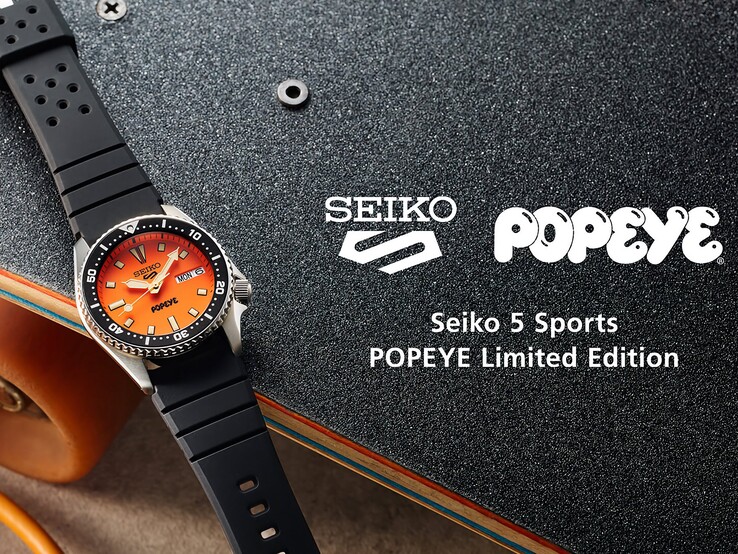 Texto alternativo: Vista en ángulo del Seiko 5 Sports x Popeye HDB013, en la que se aprecian su esfera naranja, su bisel giratorio negro y su caja de acero inoxidable.