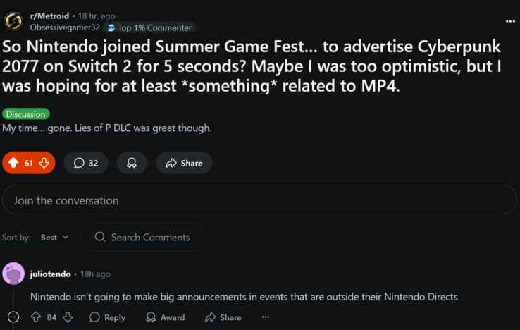Reacción de los fans de Nintendo en el Summer Game Fest 2025 (Fuente de la imagen: captura de pantalla, Metroid subreddit)