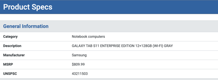Listado de la Galaxy Tab S11 Enterprise Edition. (Fuente de la imagen: SHI)