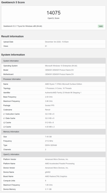 AMD Ryzen Renoir Microsoft Surface Edition APU Geekbench - OpenCL. (Fuente: Geekbench)