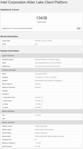 Puntuación de Intel Alder Lake-P Xe 96-EU GT2 OpenCL de 14 núcleos y 20 hilos. (Fuente: Geekbench)