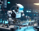 Representación de un robot ficticio en un espacio de trabajo industrial