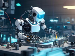 Representación de un robot ficticio en un espacio de trabajo industrial