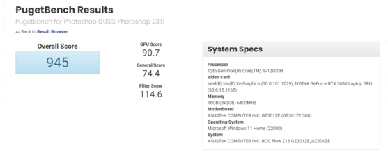 Asus ROG Flow Z13 con Core i9-12900H y RTX 3080 en PugetBench Photoshop. (Fuente: PugetBench)