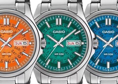 Tres relojes Casio MTP-E740 en naranja, verde azulado y azul brillante, mostrados uno al lado del otro con esferas translúcidas que dejan ver las ruedas del día y la fecha que hay debajo.
