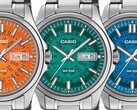 Tres relojes Casio MTP-E740 en naranja, verde azulado y azul brillante, mostrados uno al lado del otro con esferas translúcidas que dejan ver las ruedas del día y la fecha que hay debajo.