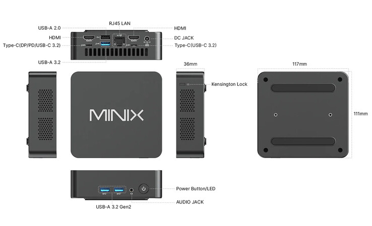 Diseño y configuración de puertos del NUC150 (Fuente de la imagen: Minix)