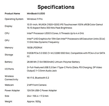 Especificaciones completas del MiniBook X U300