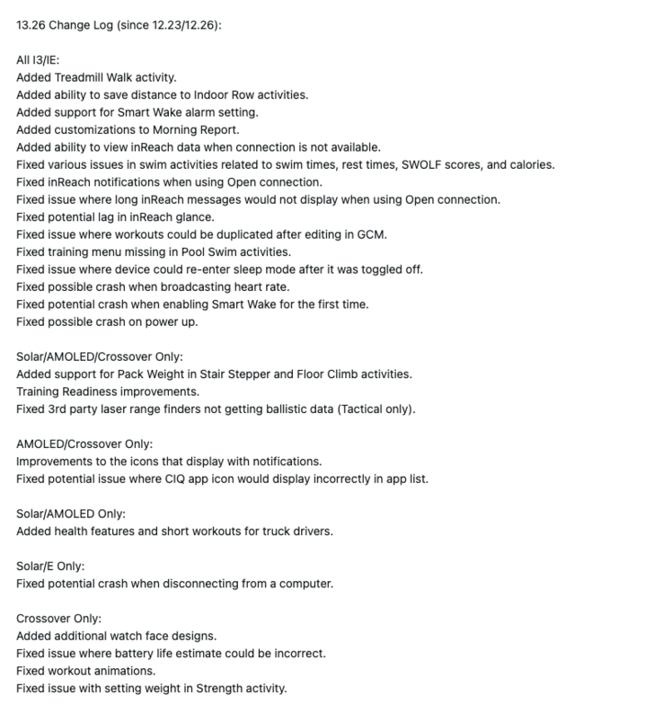 El registro de cambios para el software del sistema Garmin 13.26