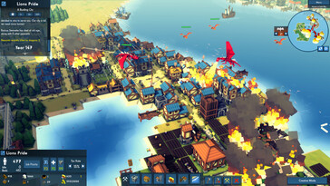 Una imagen que muestra una ciudad destruida por dragones en «Kingdoms and Castles».