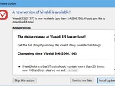 Notificación de actualización del navegador Vivaldi 3.5.2155.73 en Windows 10 (Fuente: Propio)