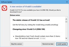 Notificación de actualización del navegador Vivaldi 3.5.2155.73 en Windows 10 (Fuente: Propio)