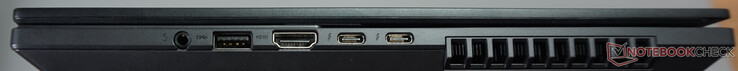 Puertos a la derecha: auriculares, USB-A (5 Gbit/s), HDMI 2.1 FRL, dos Thunderbolt 4