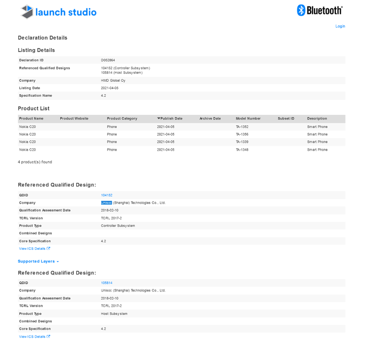 El Bluetooth SIG da a conocer las especificaciones Bluetooth del C20 antes de su lanzamiento. (Fuente: Bluetooth SIG)