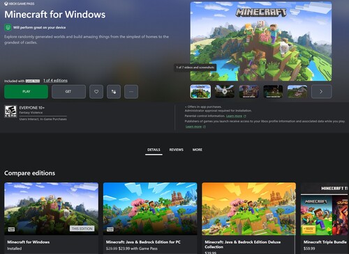 Se muestran las versiones de Minecraft en Xbox Game Pass
