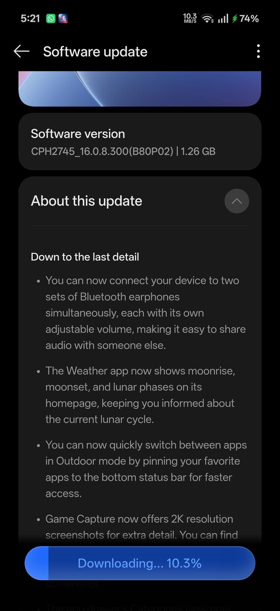 Se está descargando la actualización OTA de OxygenOS 16.0.8.300 en un OnePlus 15