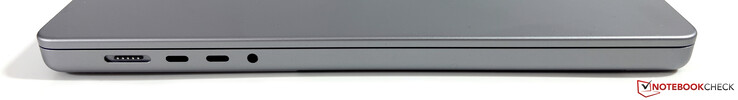 Lado izquierdo: MagSafe, 2x USB-C 4.0 con Thunderbolt 4 (40 Gbps, DisplayPort, Power Delivery), auriculares de 3,5 mm